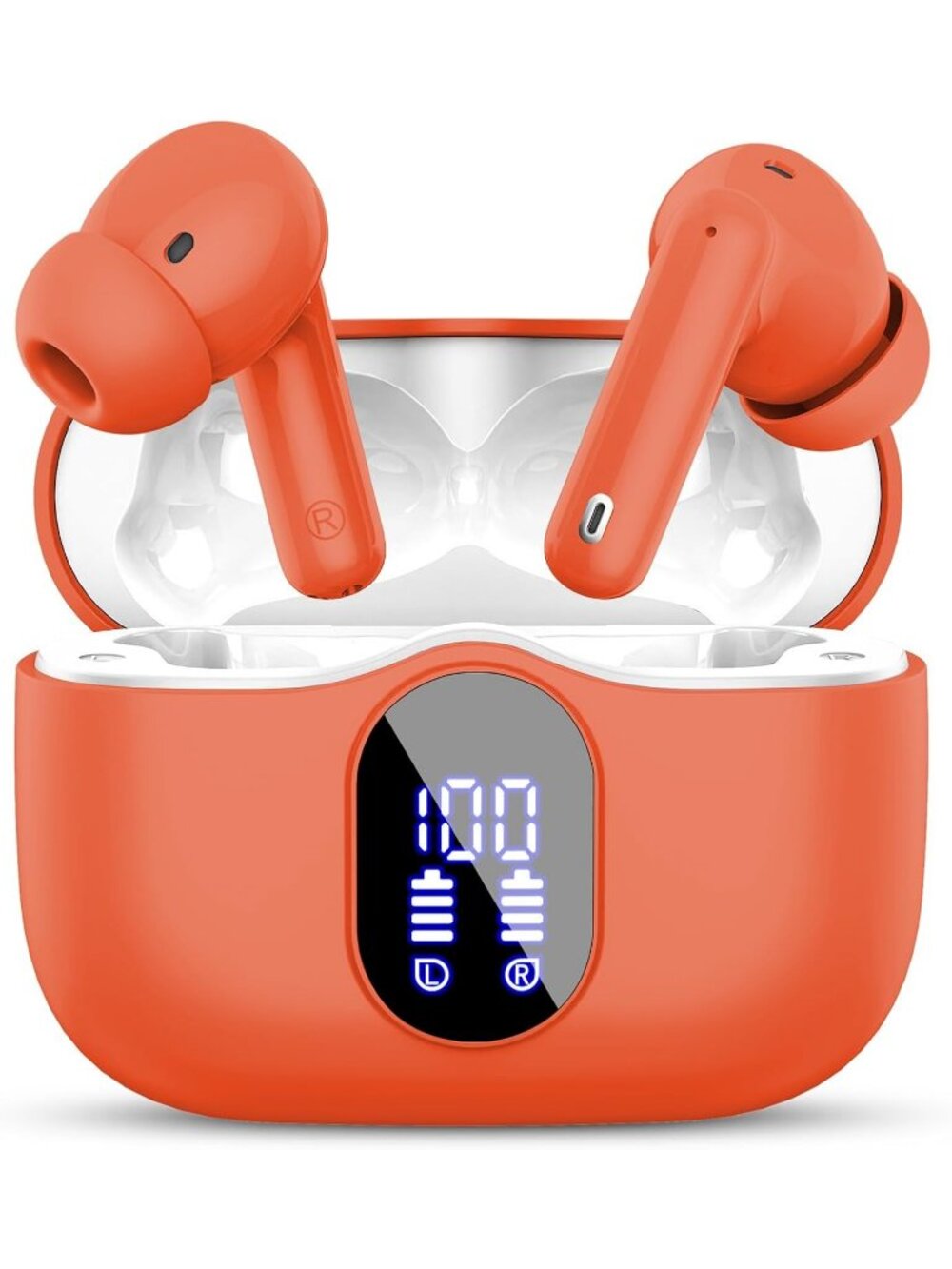 Wireless Orange Bass Stereo Noise Cancelling Mic LED Display Bluetooth Earbud